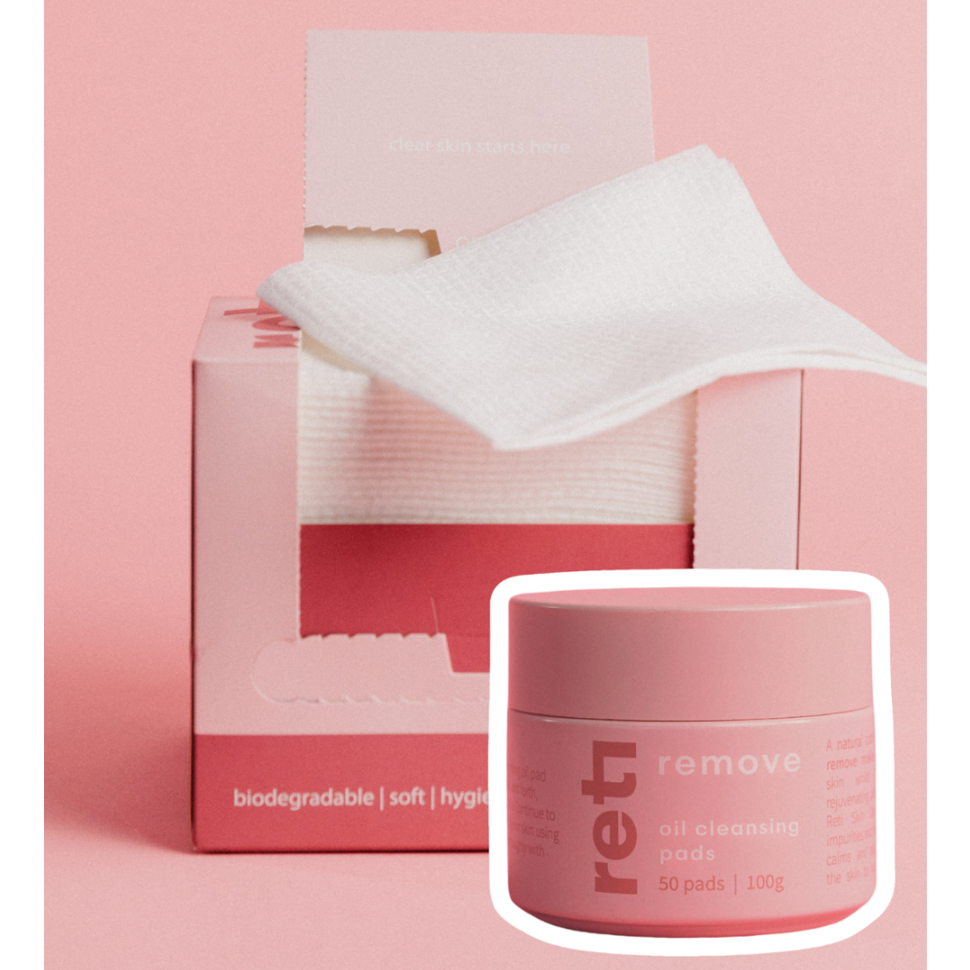Oil Cleansing pads and disposable face towels in pink packaging for Reti Skin
