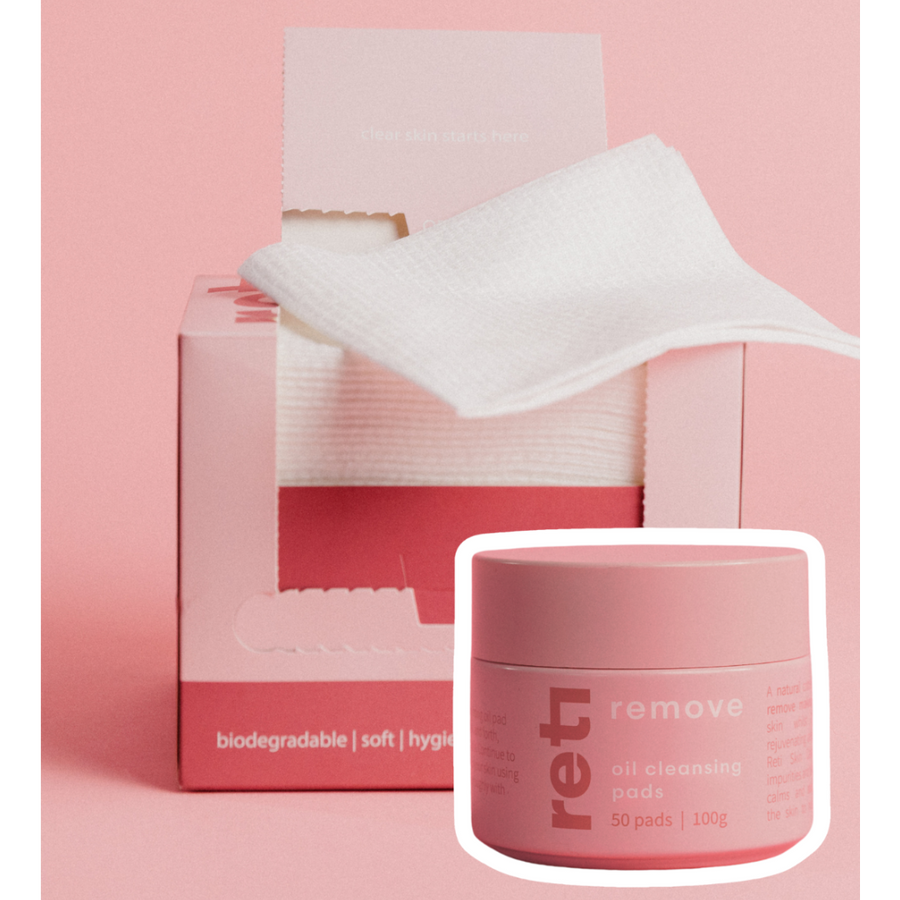 Oil Cleansing pads and disposable face towels in pink packaging for Reti Skin
