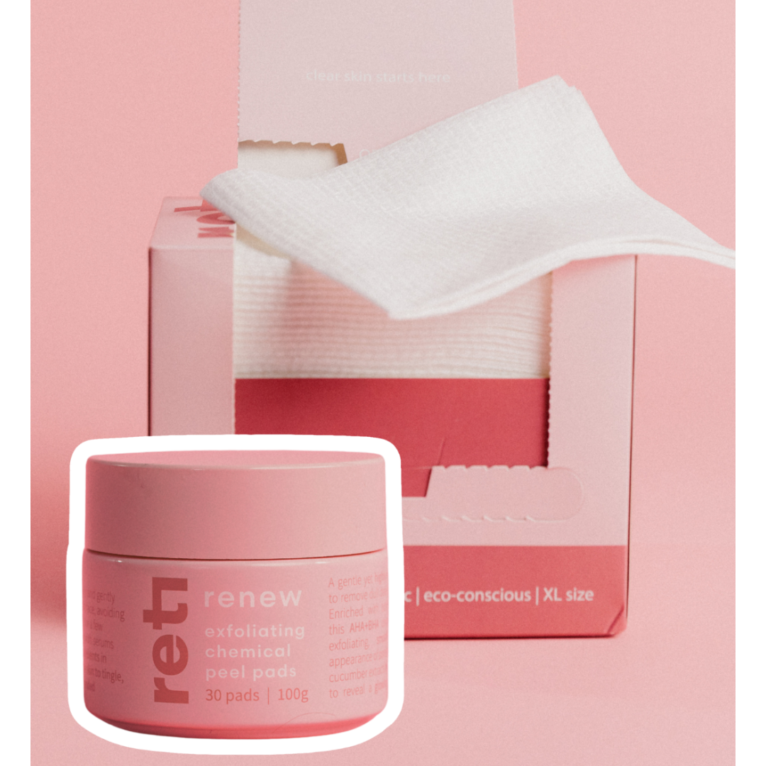 chemical peel pads and disposable face towels in pink packaging for Reti Skin