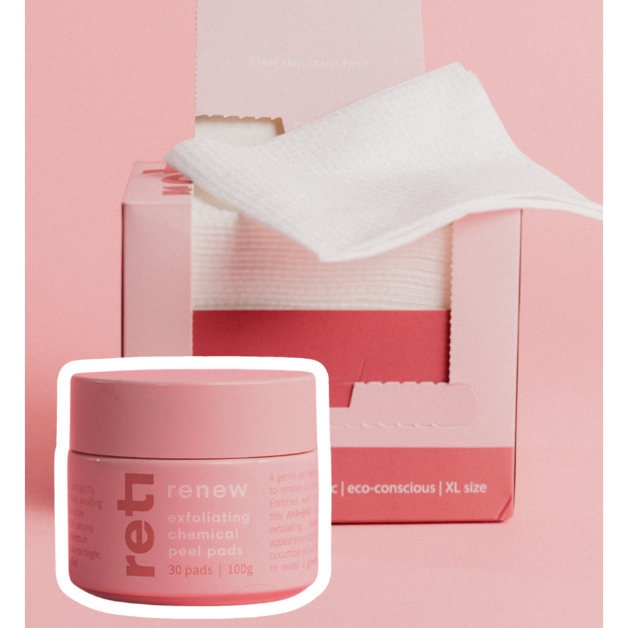 chemical peel pads and disposable face towels in pink packaging for Reti Skin